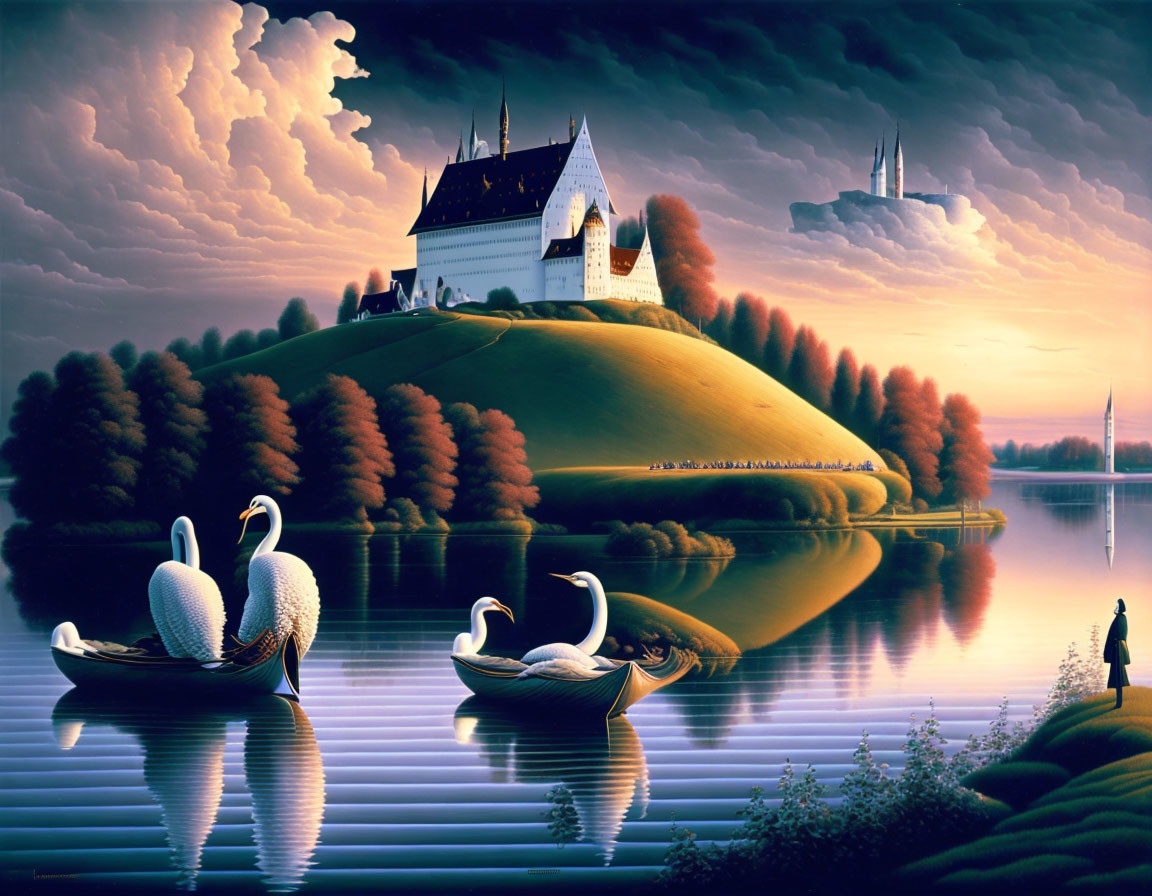 Tranquil landscape with swans on calm lake, white house on lush hill, dramatic cloudy sky