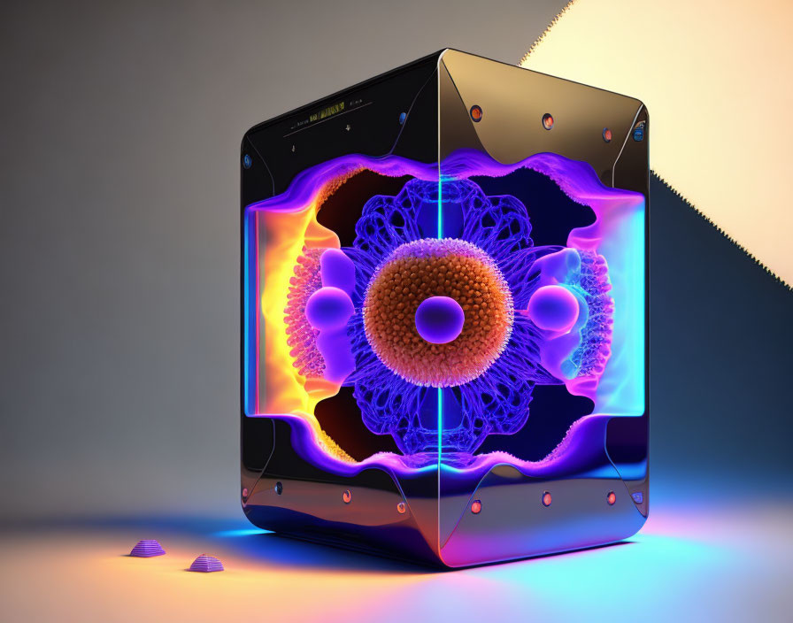 Transparent cube with abstract holographic pattern in purple and orange hues