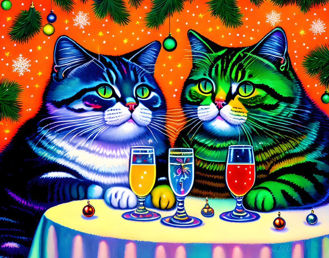 Vibrantly colored stylized cats at a festive Christmas table