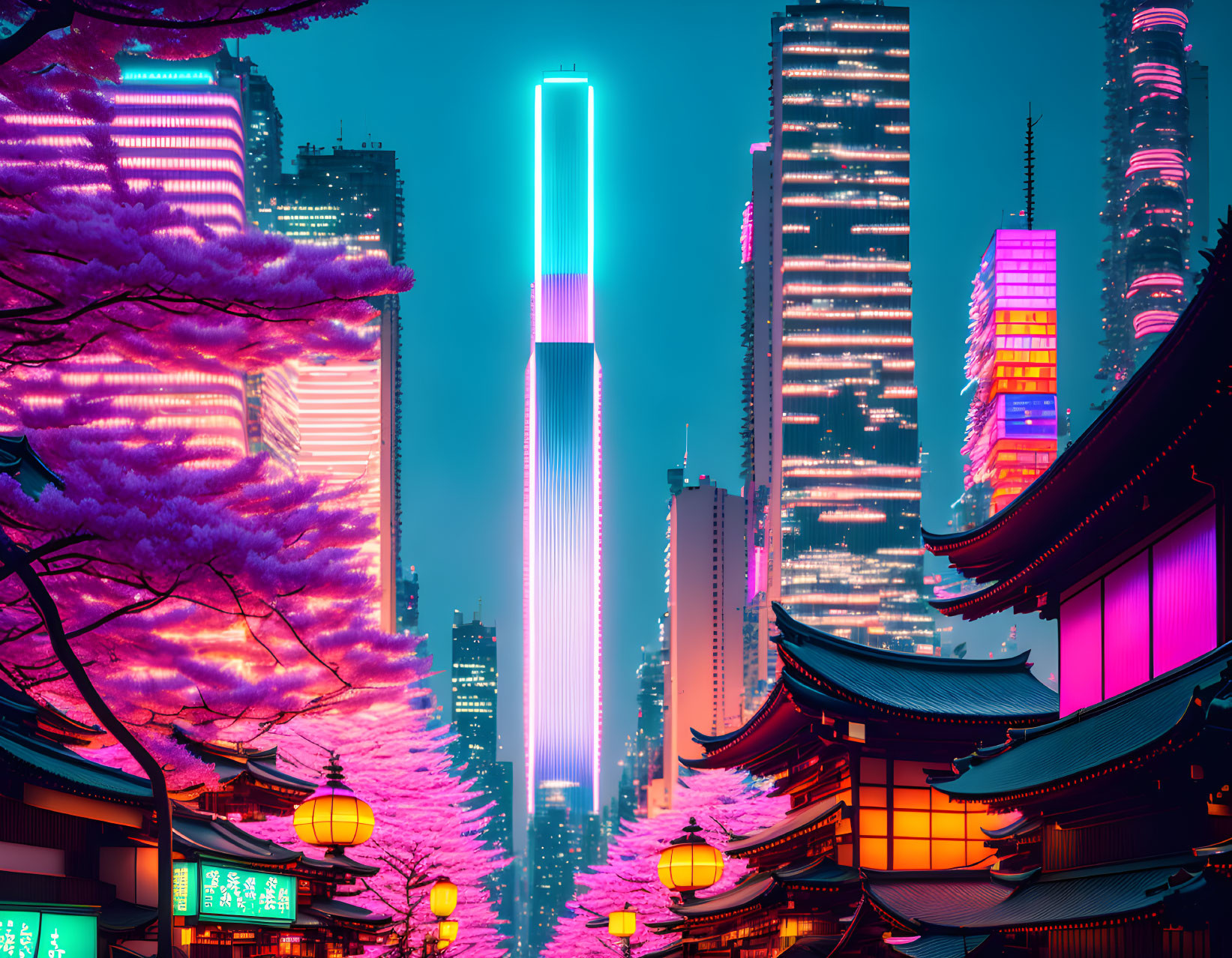 Futuristic cityscape with skyscrapers, cherry blossom trees, and traditional lamp posts