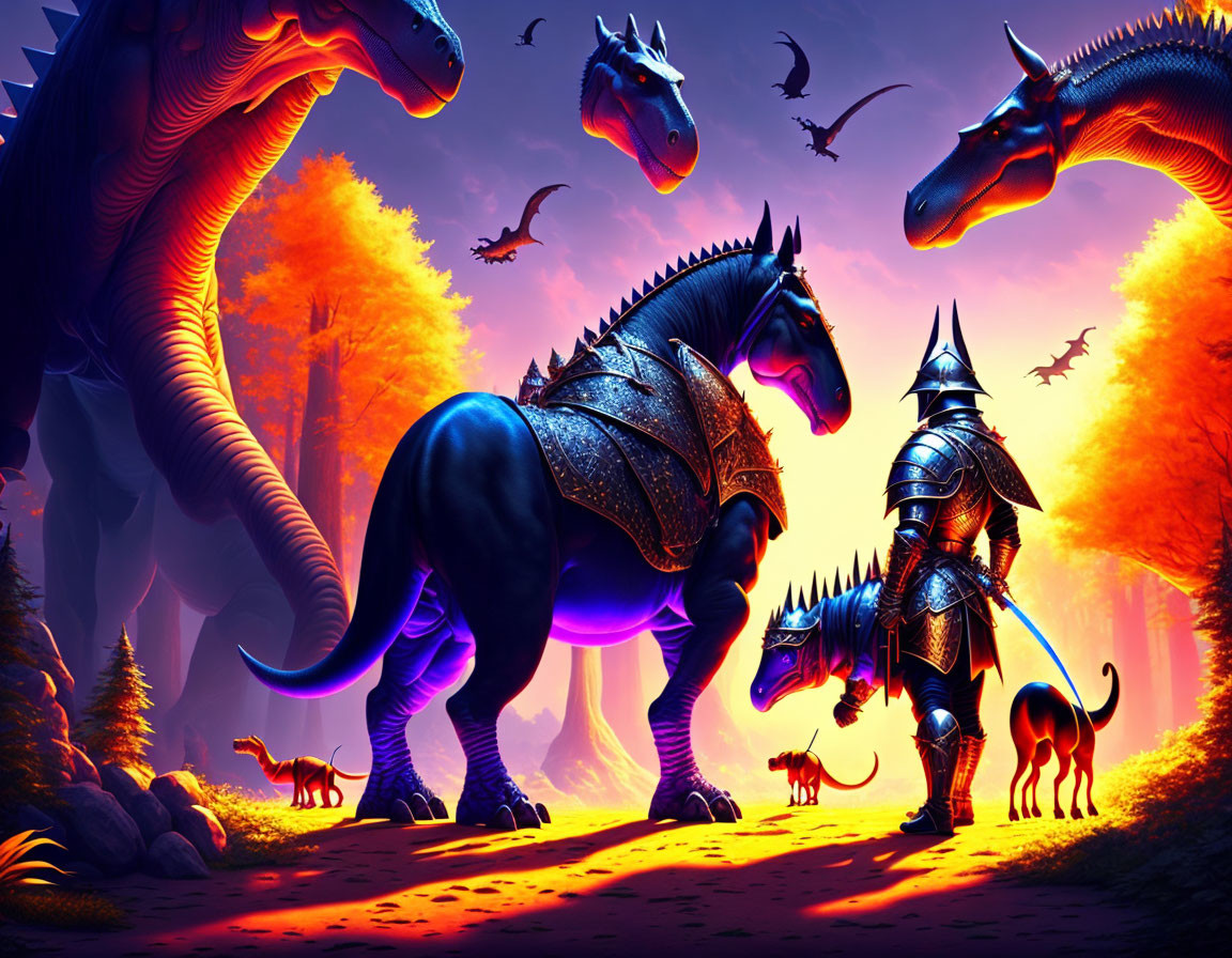 Fantasy scene: Armored dinosaurs, knight, purple sky, orange forest.