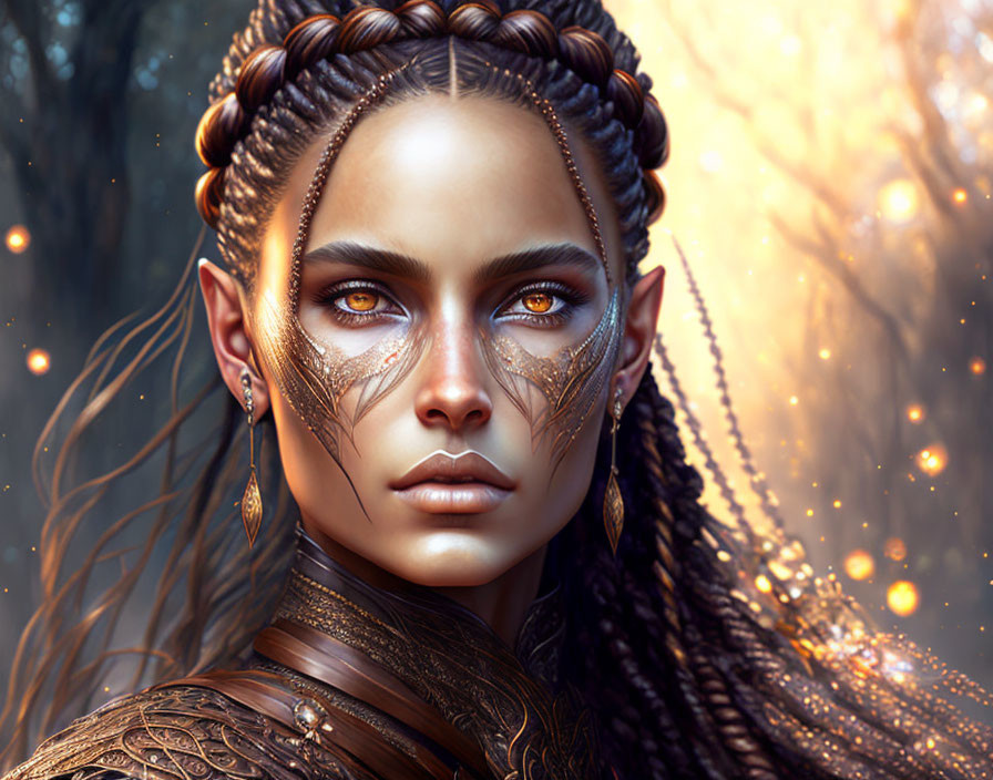 Digital portrait of a woman with amber eyes, facial tattoos, braided hair, and glowing particles.