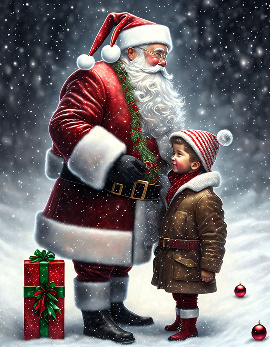 Santa Claus Smiling at Child with Winter Scene