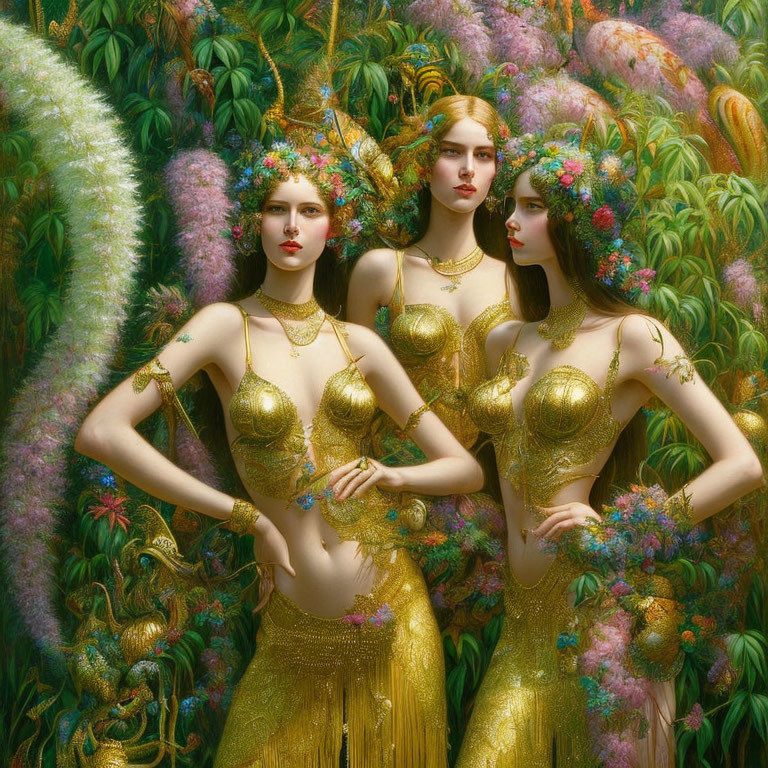 Three Women in Golden Dresses and Floral Crowns in Vibrant Fantasy Garden