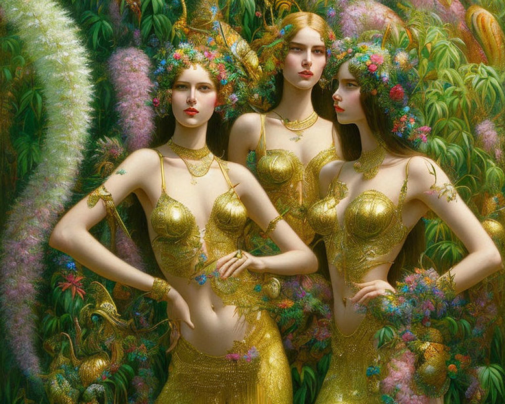 Three Women in Golden Dresses and Floral Crowns in Vibrant Fantasy Garden