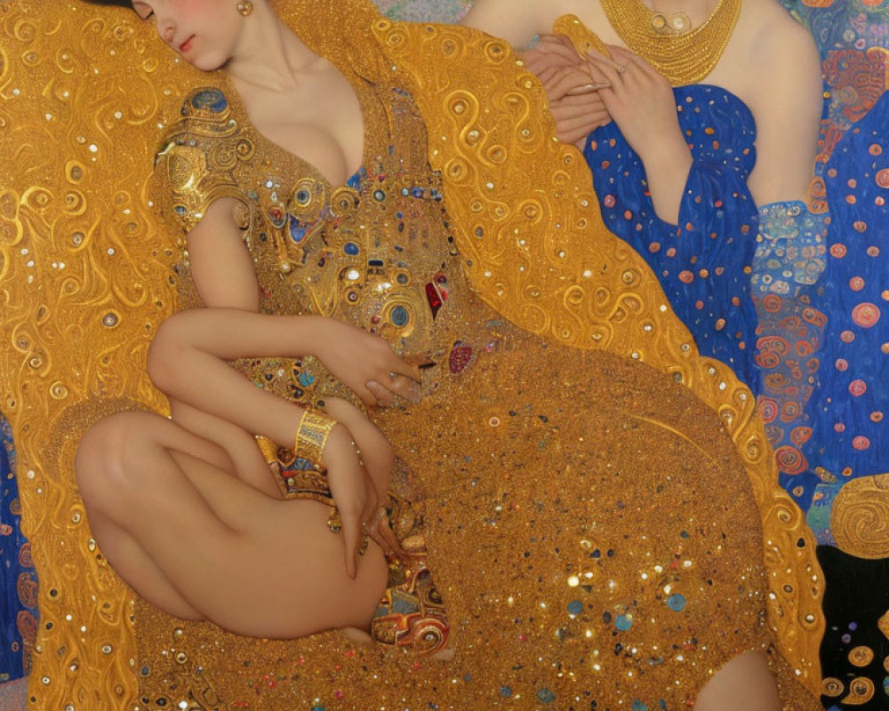 Two women in gold and blue gowns with jeweled accessories in an Art Nouveau portrait.