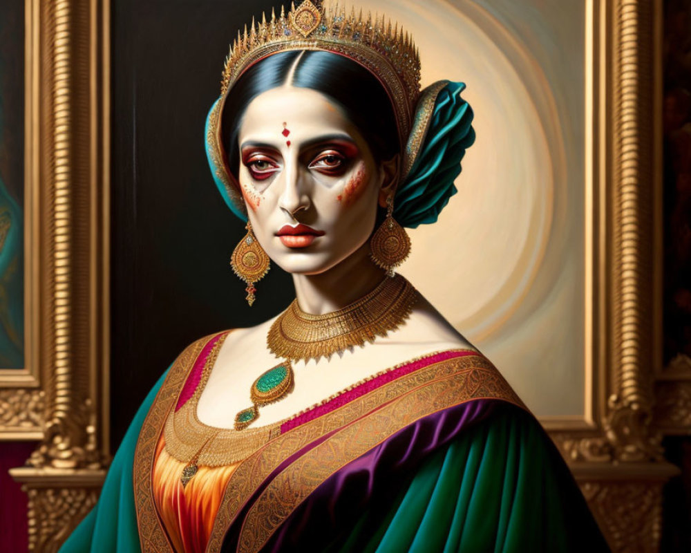 Traditional portrait of woman in Indian attire with bindi and intense gaze on dark ornate background