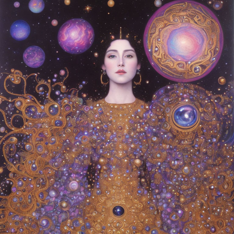 Cosmic-themed woman with intricate patterns and vibrant colors surrounded by celestial bodies