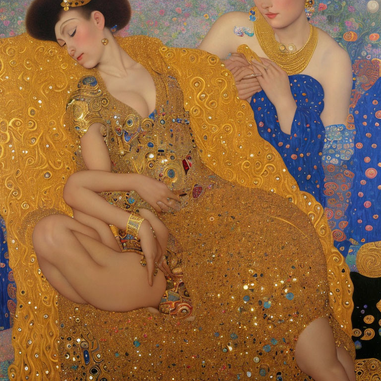 Two women in gold and blue gowns with jeweled accessories in an Art Nouveau portrait.