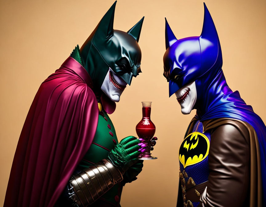 Two people in ornate Batman costumes exchanging a red drink on tan background