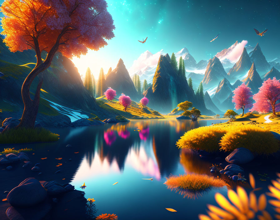 Surreal landscape with pink trees, reflective lake, mountains, and birds