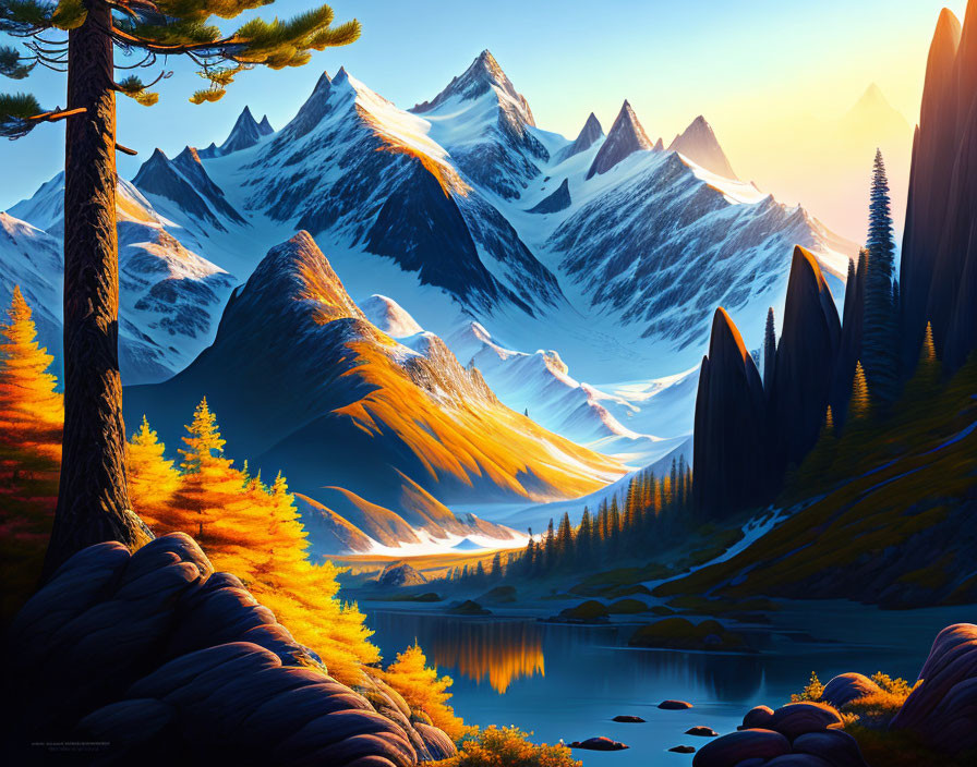 Scenic landscape illustration: snow-capped mountains, serene lake, autumnal trees, blue skies at