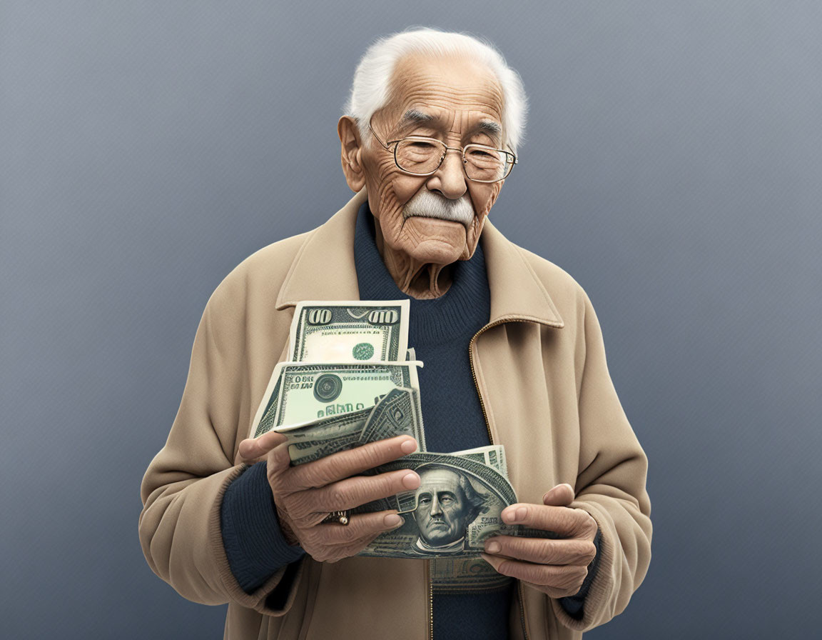 Elderly man with glasses and mustache holding US dollar bills