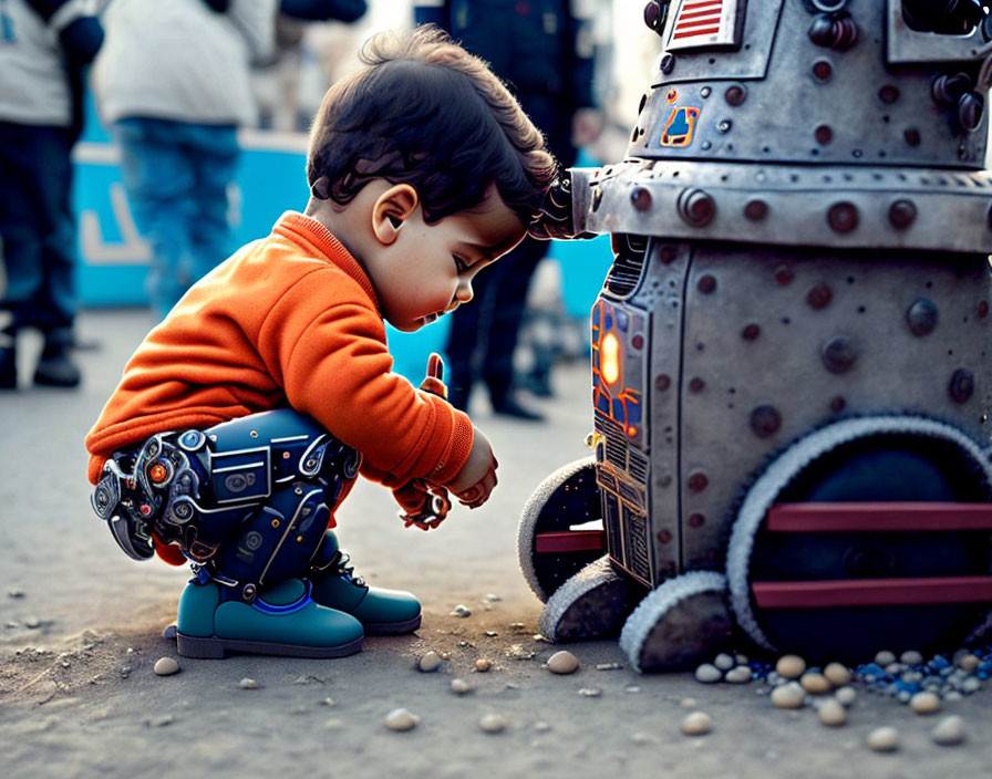 Toddler in orange sweater explores small robot on pebbled surface