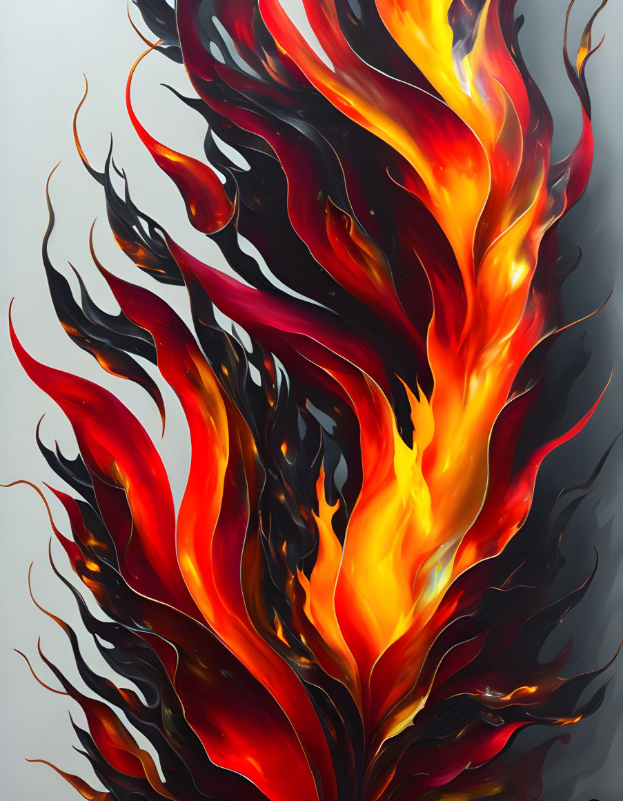 Abstract art: Swirling flames in red, orange, yellow on grey background