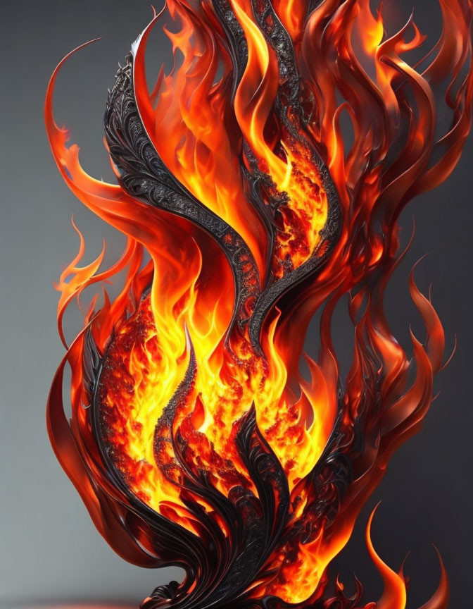 Swirling flame with phoenix motif on grey background