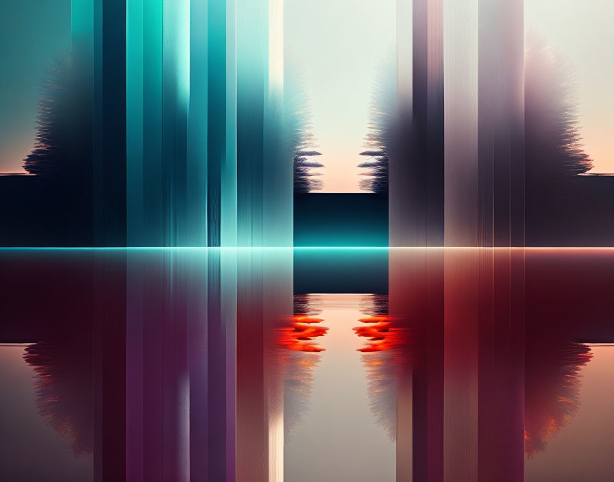 Symmetrical Abstract Digital Art: Gradient Stripes, Tree-like Shapes, Serene Color Palette