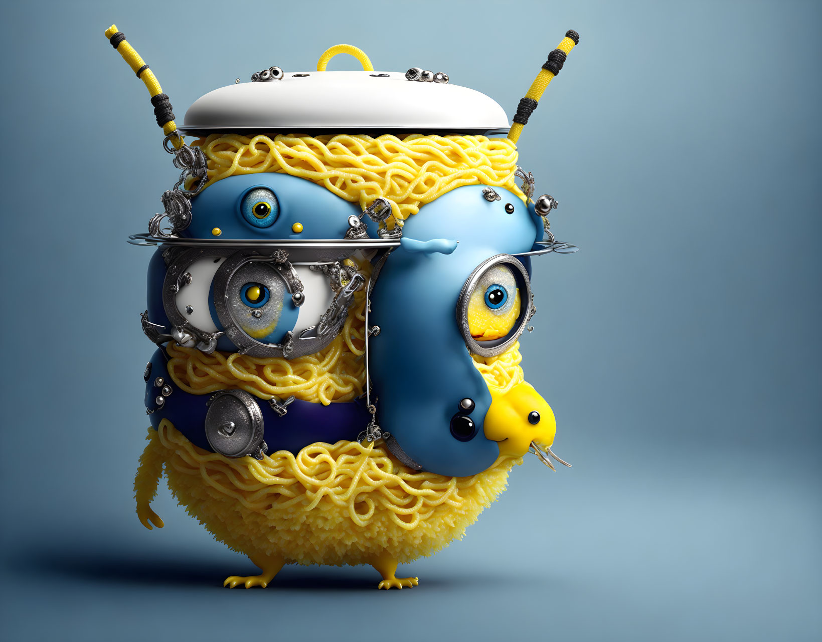 Whimsical 3D character made of pot, noodles, utensils, with cartoon eyes and