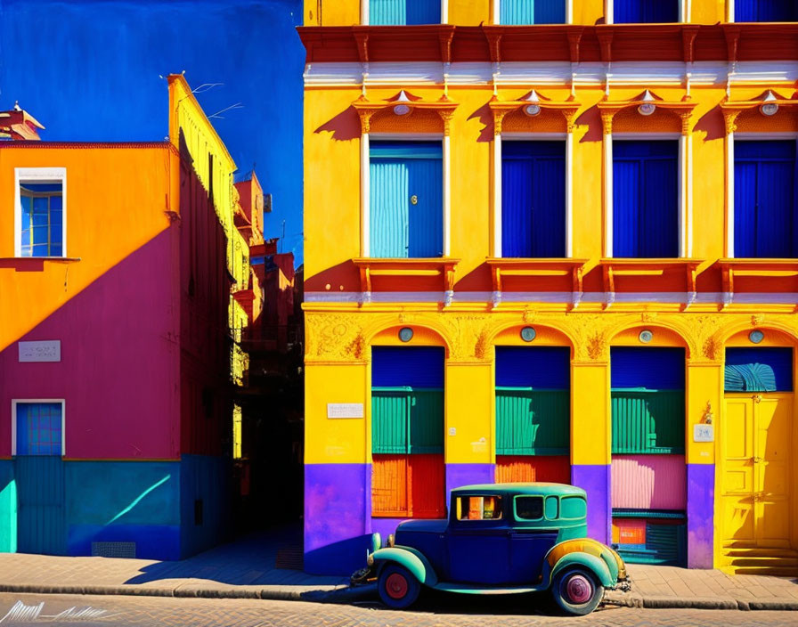 Colorful street scene with blue and yellow buildings and classic car in blue and green.