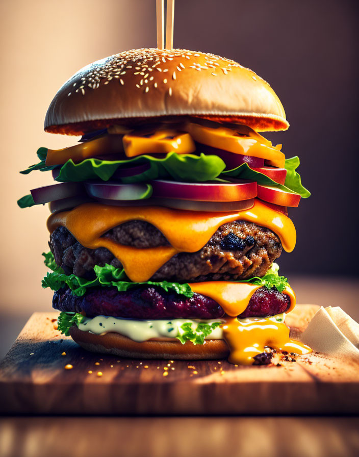 Multi-layered hamburger with beef, cheese, lettuce, tomatoes, onions, and condiments under warm