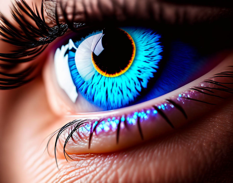 Close-up of vibrant blue human eye with long eyelashes and glittery eyelids