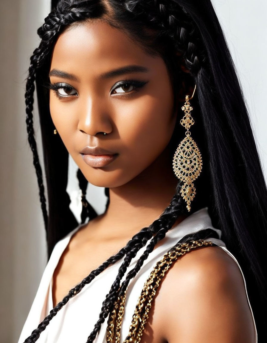 Woman with braided hair and nose ring in white off-shoulder top and gold earrings.