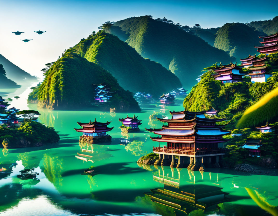 Fantastical Asian landscape with pagodas, mountains, waters, and flying ships