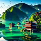 Fantastical Asian landscape with pagodas, mountains, waters, and flying ships