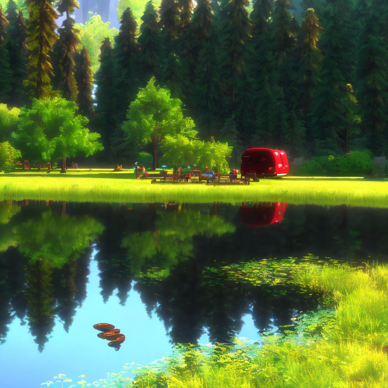 Tranquil lakeside view with red van, picnic tables, and green trees reflected in still water