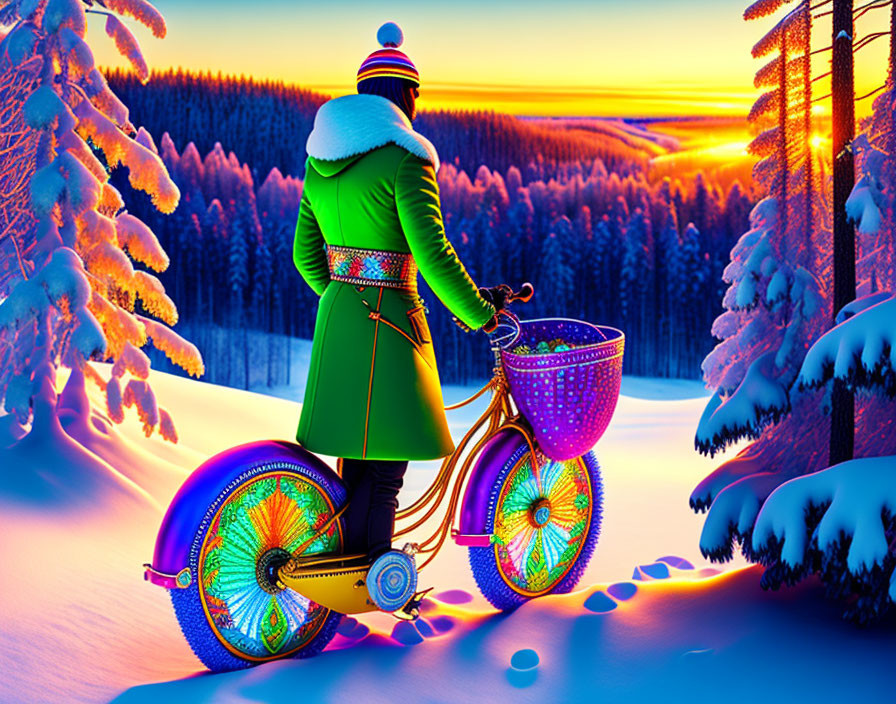 Person in winter coat with colorful bicycle on snowy path at sunset