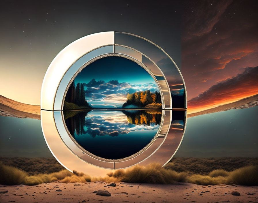 Circular Framed Art: Serene Lake, Desert Landscape, Twilight Sky