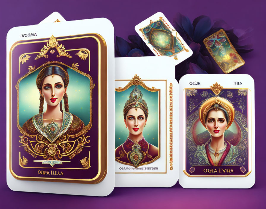 Artistically designed playing cards with women in traditional attire on purple background