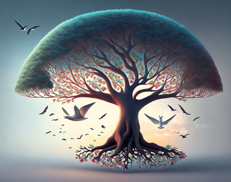 Surreal artwork: Tree with canopy top, bird-shaped gap, flying birds, dusk backdrop