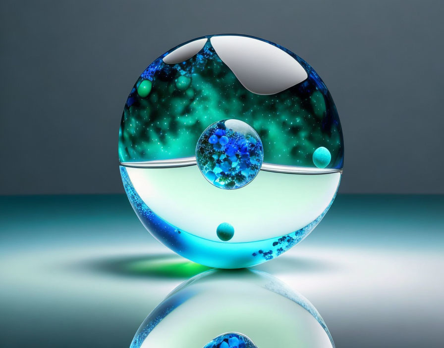 Spherical glass object with blue and green hues and fractal-like smaller spheres.