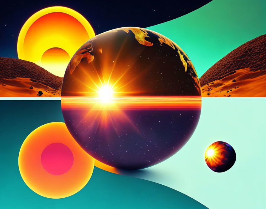 Vibrant surreal landscape with multiple suns and celestial bodies