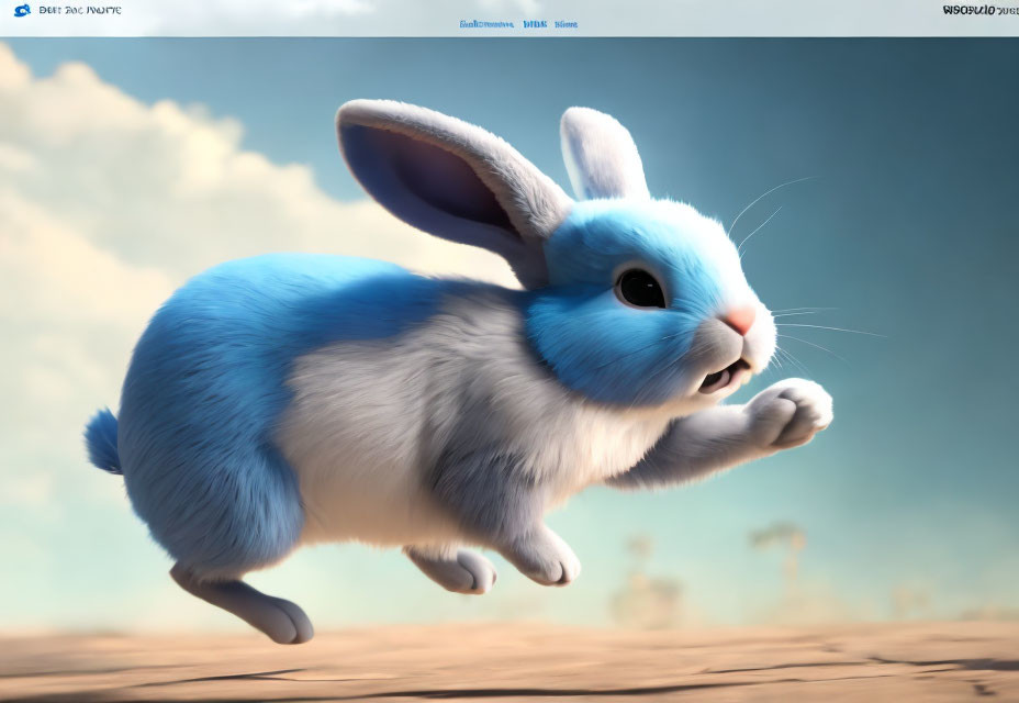 Blue rabbit mid-leap in 3D animation