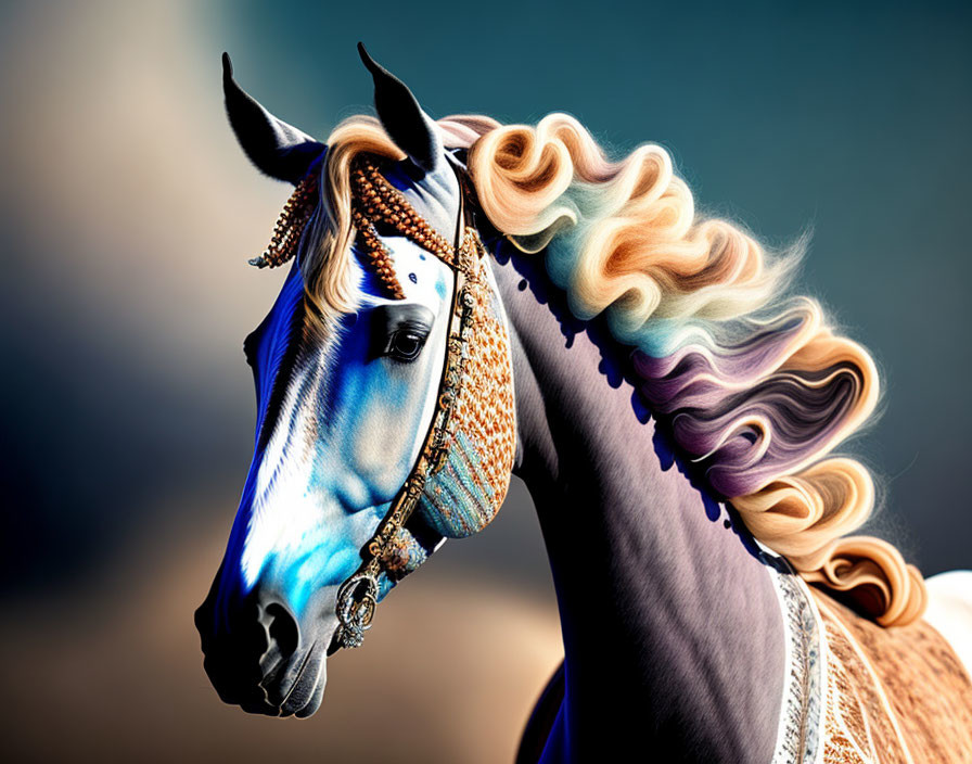 Decorated horse with blonde, brown, and purple braided mane and ornate bridle on blurred