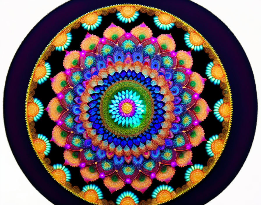 Colorful Digital Fractal Mandala with Intricate Patterns on Dark Background