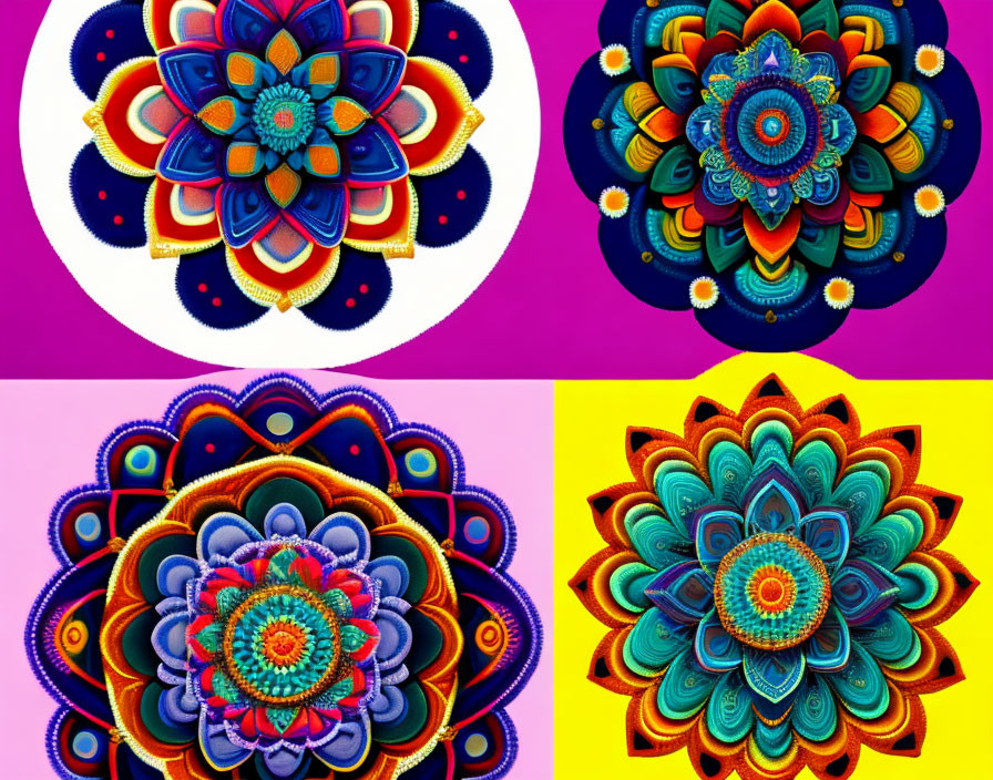 Vibrant mandala patterns with intricate designs on purple background