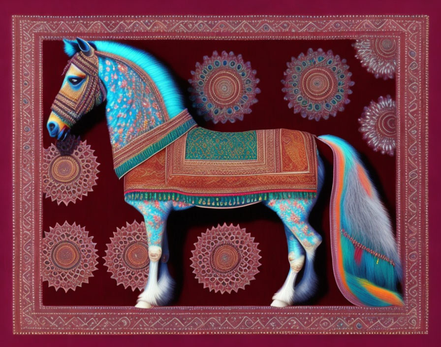 Colorful Horse Illustration with Mandala Patterns on Burgundy Background