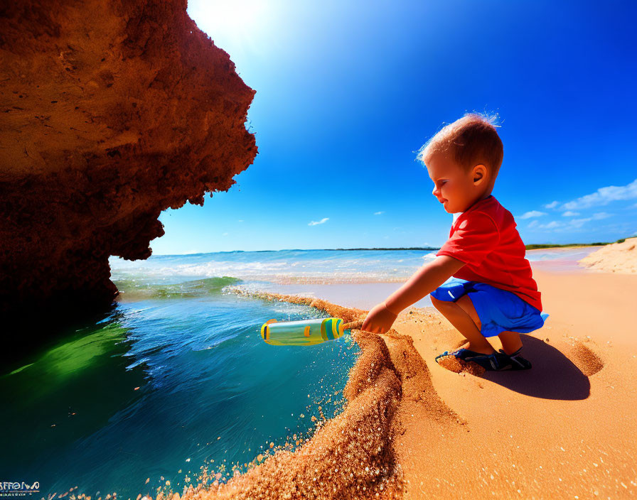 Child in red shirt playing with yellow toy shovel on sandy beach by water's edge