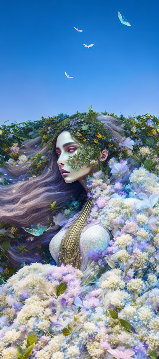 Woman's face in flowers with flowing hair and butterflies