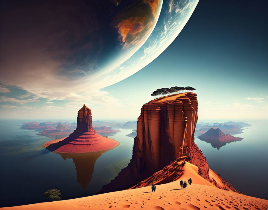 Surreal desert landscape with towering rock formations, trees, people, and massive planet in sky above