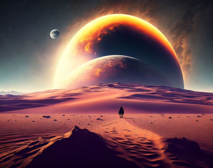 Figure standing on desert dune under cosmic sky with alien planets.