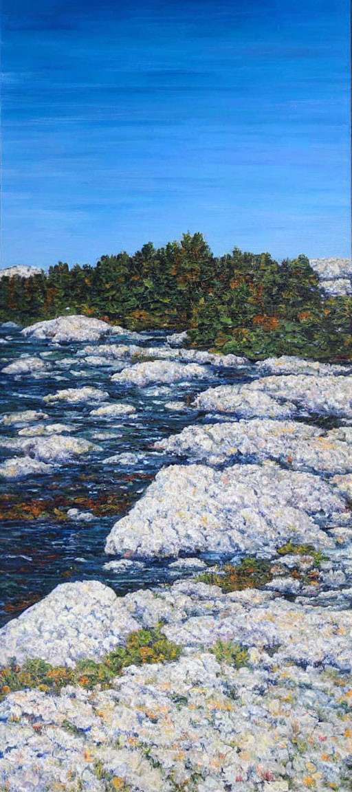 Rocky Coastline Painting with Sparse Vegetation and Clear Blue Sky