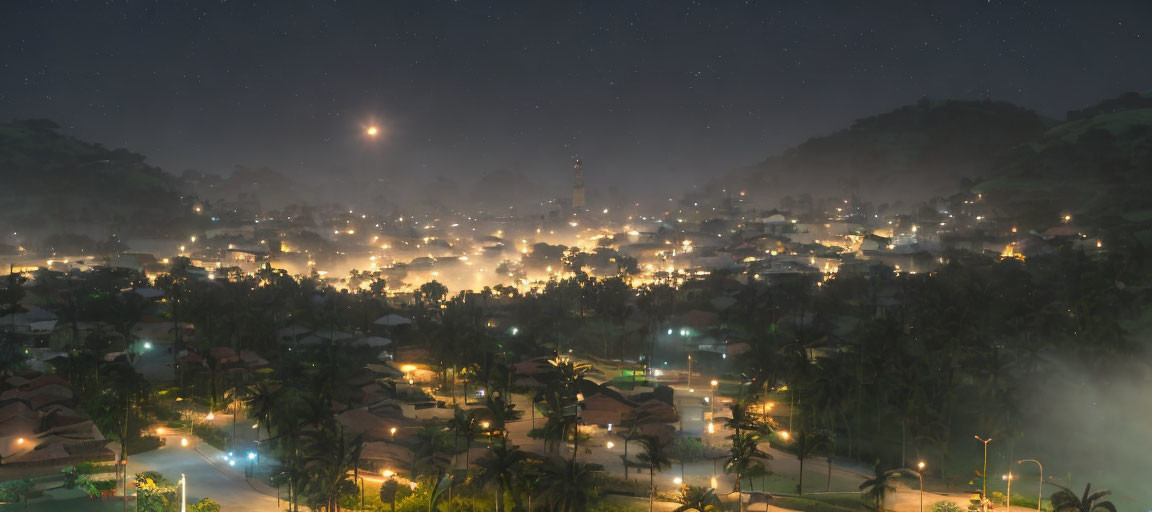 Misty night over town with twinkling lights and starlit sky