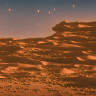 Group of people crossing vast sand dunes under hazy sky