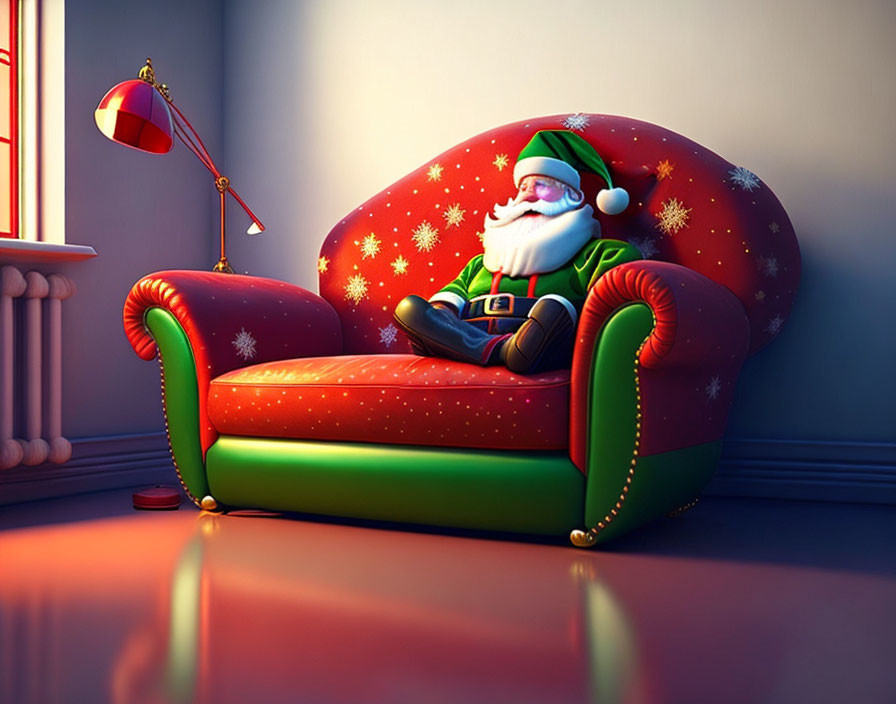 Santa Claus sitting on red-and-green couch in room with red walls and standing lamp