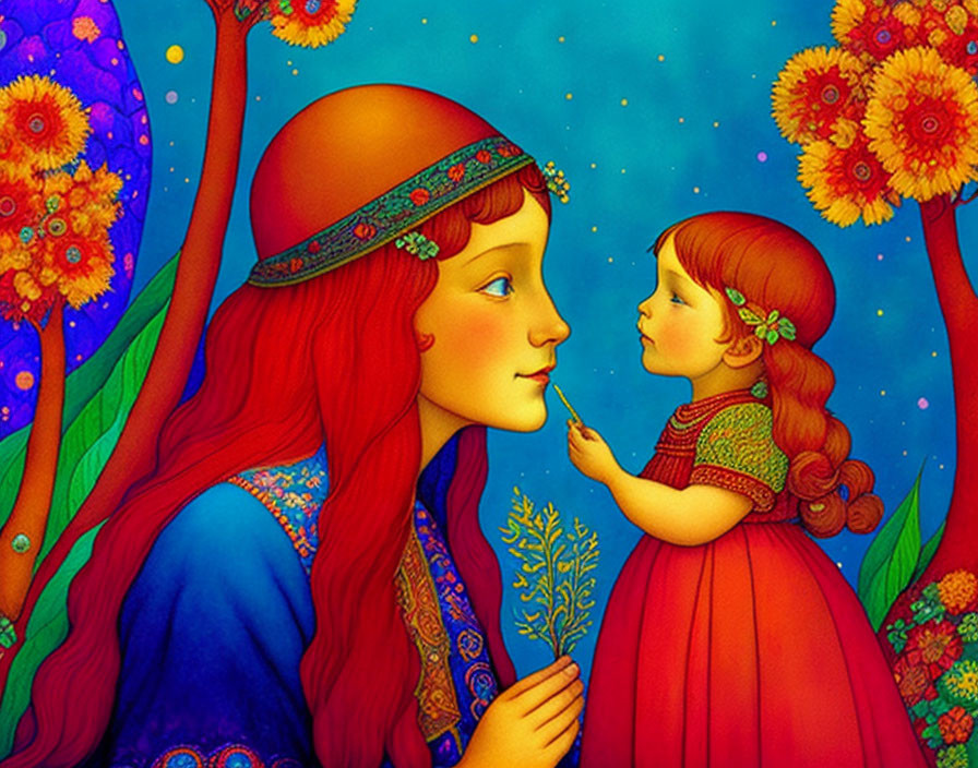 Illustration of woman with red hair and child in red dress among yellow flowers