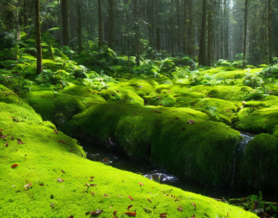 Lush mossy forest floor with sunlight through tall trees by a stream